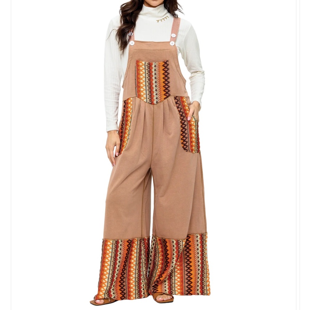 Boho Embroidered Wide-Leg Jumper - Tan